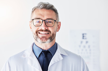 Image showing Senior man, optometrist and portrait, vision and glasses with eye care clinic and healthcare with a smile. Male person, ophthalmology and health for eyes, eyesight assessment and prescription lens