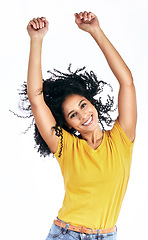 Image showing Portrait, dancing and a woman in studio with fun energy, motivation or celebration. Hands, happy and a young female person isolated on a white background moving to relax or cheer for win or freedom