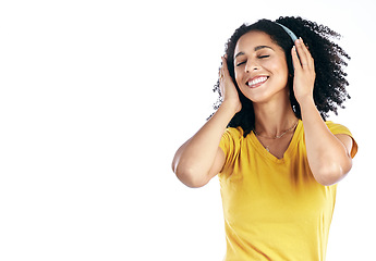 Image showing Music, happy and a woman with headphones in studio streaming audio, sound or radio. Peace, calm and african female person isolated on a white background listening to song to relax with mockup space