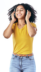 Image showing Music, excited and a happy woman with headphones in studio streaming audio, sound or radio. Energy, podcast and a young african person isolated on a white background listening to fun song to relax