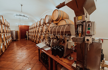 Image showing Wine or cognac barrels in the cellar of the winery, Wooden wine barrels in perspective. Wine vaults.Vintage oak barrels of craft beer or brandy.