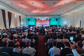 Image showing Round table discussion at business conference event.