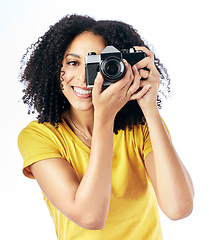 Image showing Photography, camera and portrait of woman photographer and happy as a creative isolated in a studio white background. Happy, photoshoot and artistic person with a hobby and takes picture of memory