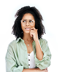 Image showing Bite finger, thinking and face of woman on a white background with worry, doubt and uncertain. Anxiety, confused and female person worried, anxious and unsure for problem, crisis and choice in studio