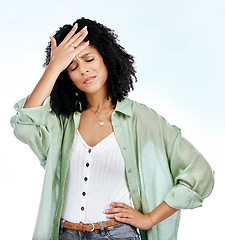 Image showing Stress, frustrated and face of black woman on a white background with worry, doubt and crisis. Thinking, hand on head and isolated female person worried, anxious and unsure for problem in studio