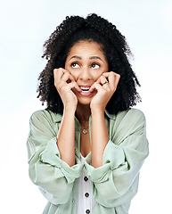 Image showing Bite nails, thinking and face of woman in studio with worry, doubt and uncertain on white background. Anxiety, confused and female person with panic, anxious and unsure for problem, crisis and choice