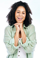 Image showing Face, confident and portrait of happy woman with smile isolated in a studio on white background. Biracial girl, relax or proud female person with a positive mindset, optimism or joy in casual clothes