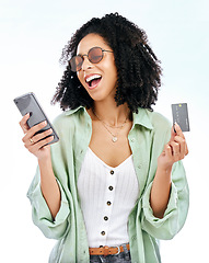 Image showing Studio, phone or happy woman with credit card for an investment on financial digital fintech. Mobile app, ecommerce payment or excited female person typing banking info for online shopping promo