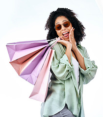 Image showing Wow, sale and woman with shopping bag in studio for discount, promo or retail news on white background. Omg, shopper and female customer surprised by announcement, deal or store, giveaway or prize