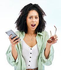 Image showing Phone, wow or portrait of shocked woman with surprise gossip or fake news on white background in studio. Girl, sunglasses or person with scam on social media post, mobile app or fashion announcement