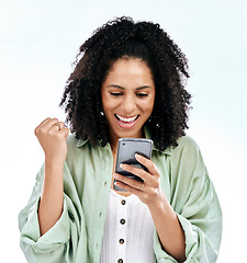 Image showing Phone winner, wow or celebration of happy woman with good news in studio isolated on white background. Online gambling, surprise or excited female person winning success or lottery on mobile app