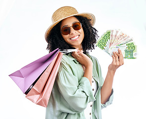 Image showing Shopping, money and portrait of happy woman in studio with cashback, bonus or deal on white background. Cash, payment and face of female customer excited for retail, store or mall, sale or giveaway