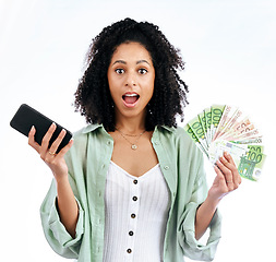 Image showing Woman, phone and money in studio portrait with wow for prize, investment or excited by white background. Isolated African girl, smartphone and winner with cash fan, giveaway or profit on fintech app