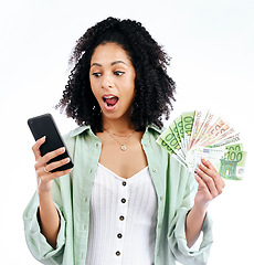 Image showing Woman, phone and money with surprise in studio for prize, investment and excited by white background. Isolated African girl, smartphone and winner with cash fan, giveaway or profit with fintech app