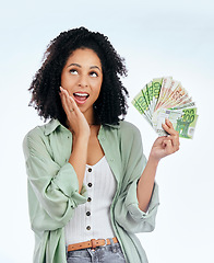 Image showing Woman, cash fan and thinking in studio for prize, profit or bonus from investing, savings or wow by white background. Isolated African girl, student and surprise for money, win and gambling in lotto