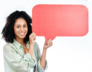 Image showing Woman portrait, smile and speech bubble in studio for feedback, voice or FAQ, forum or conversation on white background. Face, smile and female show poster space for social media, contact or info