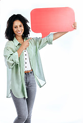 Image showing Woman portrait, smile and hand pointing to speech bubble in studio for social media, contact or info on white background. Happy, face and lady show poster for voice, feedback or FAQ, forum or quote