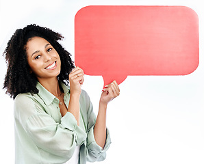 Image showing Happy woman, portrait and speech bubble in studio for voice, feedback or FAQ, forum or conversation on white background. Face, smile and female show poster space for social media, contact or info