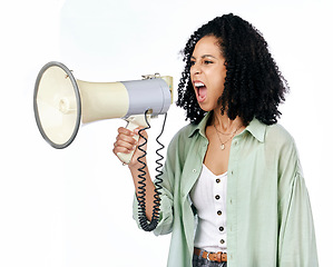 Image showing Woman, loudspeaker and angry protest in studio with shouting, noise and politics by white background. Isolated African girl, student and megaphone for justice, speech and change in human rights goal