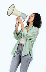 Image showing Woman, megaphone and protest leader in studio with shouting, noise and politics by white background. Isolated African girl, student and audio tech for justice, speech and change in human rights goals