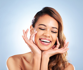 Image showing Dermatology, skincare and portrait of woman with natural beauty, anti aging care and wellness from cosmetics on studio background. Laughing, face and hands touching healthy and clean skin texture