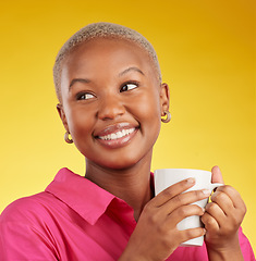 Image showing Woman, thinking and smile with coffee in studio for motivation, inspiration and a break. Face of a happy black female model person on a yellow background with a tea cup for ideas, choice and relax