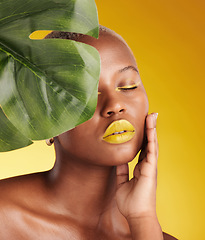 Image showing Beauty, makeup and leaf with face of black woman in studio for tropical, natural and cosmetics. Luxury, sustainability and health with female model on yellow background for plant, salon and wellness