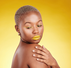 Image showing Thinking, makeup and woman with skincare, ideas and dermatology against a yellow background. Female person, fantasy or model with cosmetics, facial and grooming with aesthetic, wellness and self care