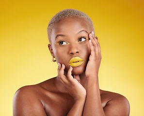 Image showing Thinking, makeup and woman with skincare, beauty and dermatology against a yellow background. Female person, fantasy or model with cosmetics, facial or decision with aesthetic, wellness and self care