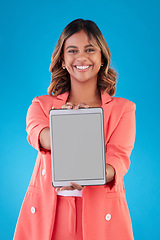 Image showing Woman, tablet mockup and screen in portrait, app advertising and website ads isolated on blue background. Digital marketing, news and communication, female person with multimedia and technology brand