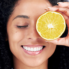 Image showing Wellness, face and woman with skincare for lemon eye with nutrition for healthy glow. Closeup, girl and vitamin c or facial treatment with fruit for dermatology routine and organic food for diet.