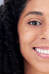 Image showing Woman, face crop and smile, natural beauty and portrait with wellness and skincare closeup. Happiness, healthy skin glow and eyebrow, microblading and cosmetics with female model and self care