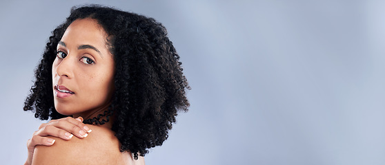 Image showing Portrait, beauty and mockup with an african woman in studio on gray background for skincare. Face, space and confident with a young female model advertising or marketing luxury wellness or treatment