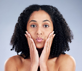 Image showing Woman, skincare and touching face for beauty in studio isolated on a white background. Natural cosmetic, portrait and African model with spa facial treatment for aesthetic, wellness or dermatology