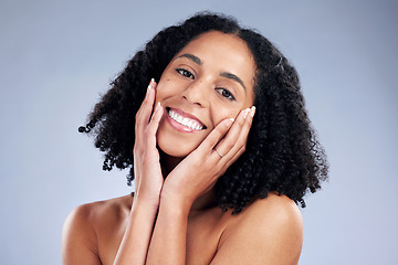 Image showing Happy, beauty and portrait of a woman with hands on face for dermatology, cosmetics and natural makeup. Headshot of African female model on studio background for facial skin care, glow and soft touch