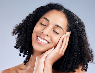 Image showing Face, skincare and woman sleeping in studio isolated on a white background. Natural beauty, cosmetics and happy African model smile with spa facial treatment for aesthetic, wellness and healthy skin.