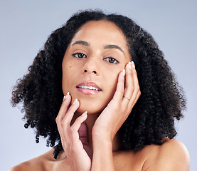 Image showing Portrait, skin and mockup with a model black woman in studio on a gray background for beauty. Face, aesthetic and skincare with a young female person at the salon for luxury wellness or treatment