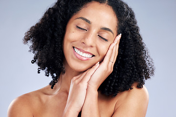 Image showing Face, skincare and woman sleep for beauty in studio isolated on a white background. Natural, cosmetics and happy African model smile for spa facial treatment for aesthetic, wellness and healthy skin.