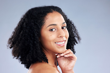 Image showing Portrait, beauty and smile with a model woman in studio on a gray background for skincare. Face, aesthetic and happy with a young African female person at the salon for natural wellness or treatment
