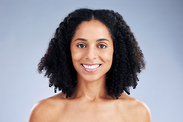 Image showing Beauty, face and portrait of a woman for skincare, dermatology and cosmetics or natural makeup. Headshot of happy african female model on studio background for facial self care, glow and teeth smile