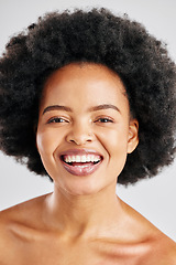 Image showing Cosmetics portrait, afro and African happy woman with beauty, skincare facial glow or healthy hair care, growth or texture. Studio face makeup, comedy joke and spa person laughing on white background