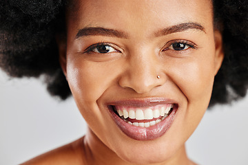 Image showing Beauty portrait, dental or African woman smile for studio skincare shine, facial cosmetics or clean teeth whitening. Natural aesthetic makeup, oral tooth care or happy person face on white background