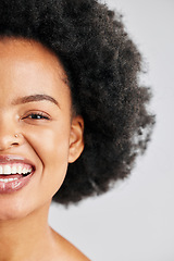 Image showing Skincare portrait, afro and African happy woman with studio beauty, skin cosmetics glow or healthy hair texture. Half face makeup, comedy humour joke and wellness person laughing on white background