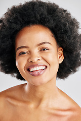 Image showing Portrait, happy black woman and face for skincare, aesthetic glow and dermatology on white background. Female model, natural beauty and afro hair in studio for shine, healthy facial cosmetic or smile