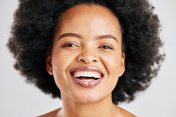 Image showing Beauty, portrait and African woman smile for studio skincare, natural cosmetics or facial glow, anti aging or hair care. Aesthetic face makeup, happiness or real person laugh on white background