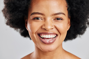 Image showing Beauty, portrait and African woman laughing with skincare shine, studio cosmetics and natural aesthetic makeup. Comedy joke, humour and afro face of happy person with self care on white background