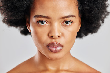 Image showing Beauty, studio lip gloss and African woman with skincare shine, facial cosmetics and natural aesthetic makeup. Lipstick, cosmetology and spa face of female person with self care on white background