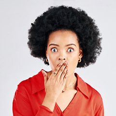 Image showing Surprise, gossip or portrait of black woman cover mouth for secret isolated on white background in studio. Hands on face, wow or shocked girl surprised by crazy announcement, drama story or fake news