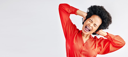 Image showing Anger, shouting and a black woman with stress on a studio background with mockup for mental health. Bipolar, anxiety and a screaming African person or girl with a problem and space on a backdrop