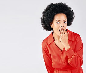 Image showing Portrait, surprise and black woman with mockup, gossip and announcement on a white studio background. Face, female person and model with happiness, shocked and wow with omg, discount sale and emoji